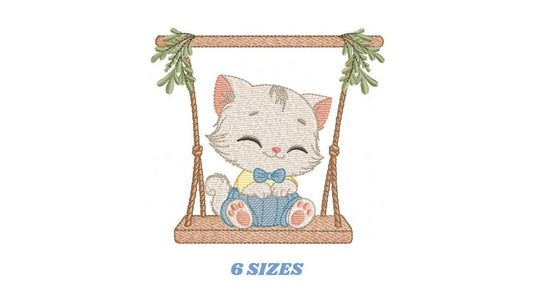 Cat embroidery design - Kitty with clothes and tie machine embroidery pattern - Baby boy cat with swing file - Instant digital download pes