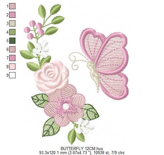 Butterfly embroidery design - Delicate Flowers machine embroidery pattern - Kitchen Towel Floral Corner file - Instant digital download pes