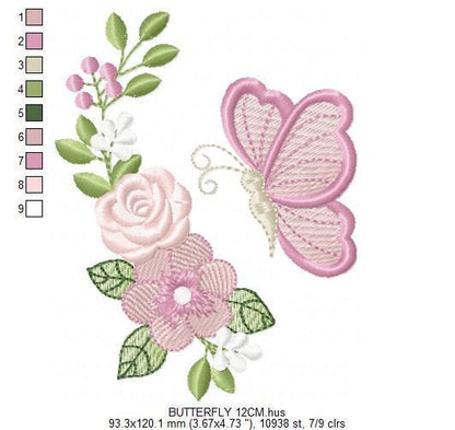 Butterfly embroidery design - Delicate Flowers machine embroidery pattern - Kitchen Towel Floral Corner file - Instant digital download pes
