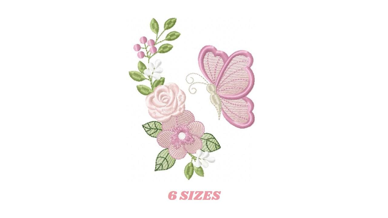 Butterfly embroidery design - Delicate Flowers machine embroidery pattern - Kitchen Towel Floral Corner file - Instant digital download pes