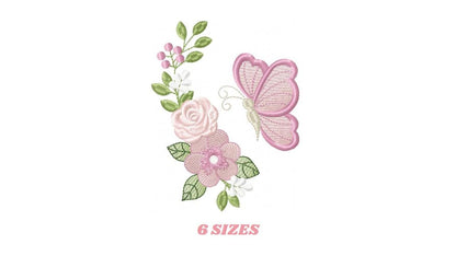 Butterfly embroidery design - Delicate Flowers machine embroidery pattern - Kitchen Towel Floral Corner file - Instant digital download pes