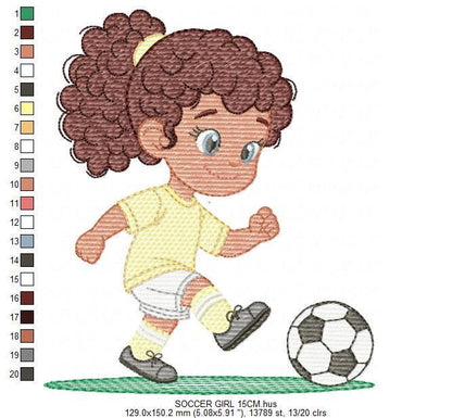 Soccer player embroidery designs - Baby Girl with curly hair machine embroidery file - Girl with soccer ball file - Instant digital download