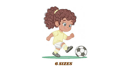 Soccer player embroidery designs - Baby Girl with curly hair machine embroidery file - Girl with soccer ball file - Instant digital download