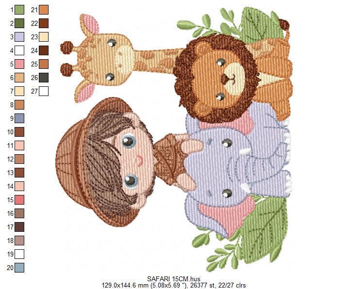 Safari explorer with wild animals embroidery designs - Elephant Lion Giraffe machine embroidery pattern - Baby boy file - Instant download