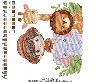 Safari explorer with wild animals embroidery designs - Elephant Lion Giraffe machine embroidery pattern - Baby boy file - Instant download