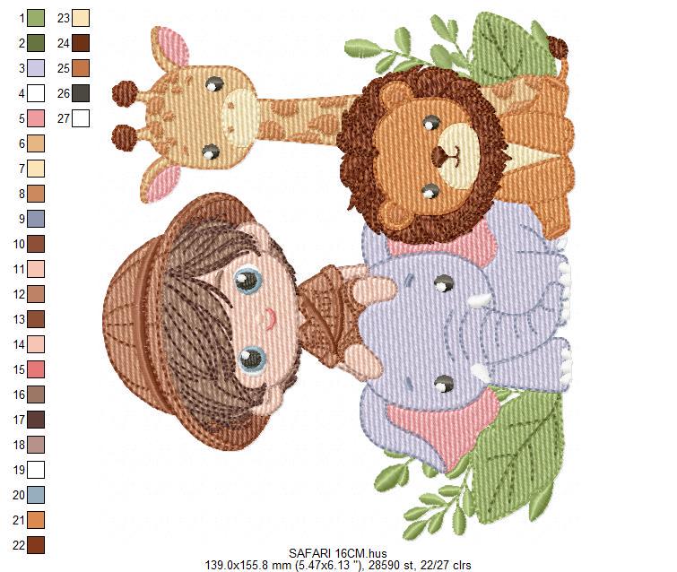Safari explorer with wild animals embroidery designs - Elephant Lion Giraffe machine embroidery pattern - Baby boy file - Instant download