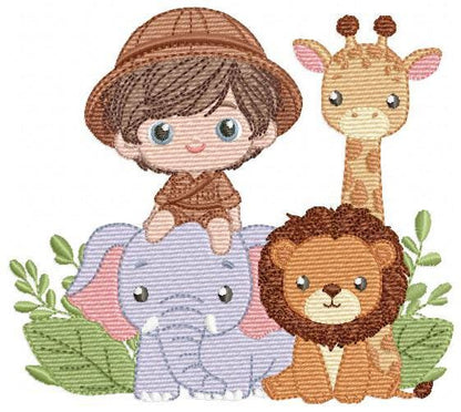 Safari explorer with wild animals embroidery designs - Elephant Lion Giraffe machine embroidery pattern - Baby boy file - Instant download