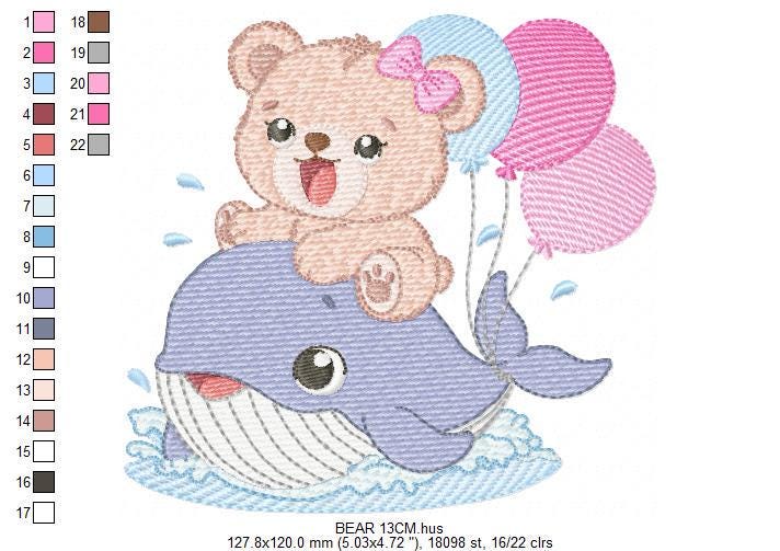 Bear with Whale embroidery designs - Ocean Animal with balloons machine embroidery pattern - Sea Life Baby Boy - Instant digital download