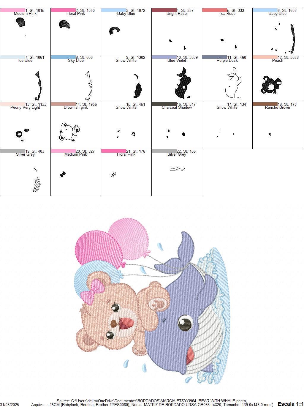 Bear with Whale embroidery designs - Ocean Animal with balloons machine embroidery pattern - Sea Life Baby Boy - Instant digital download