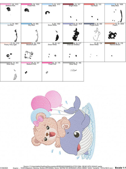 Bear with Whale embroidery designs - Ocean Animal with balloons machine embroidery pattern - Sea Life Baby Boy - Instant digital download