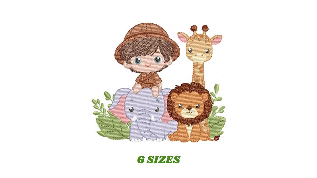 Safari explorer with wild animals embroidery designs - Elephant Lion Giraffe machine embroidery pattern - Baby boy file - Instant download