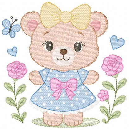 Teddy Bear with flowers embroidery designs - Baby Girl Bear with dress and lace machine embroidery pattern - Instant download pes jef dst