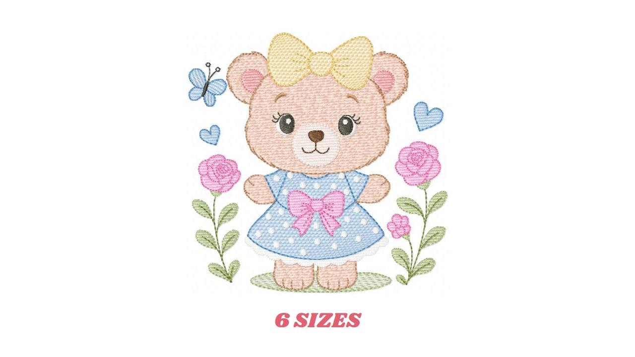 Teddy Bear with flowers embroidery designs - Baby Girl Bear with dress and lace machine embroidery pattern - Instant download pes jef dst