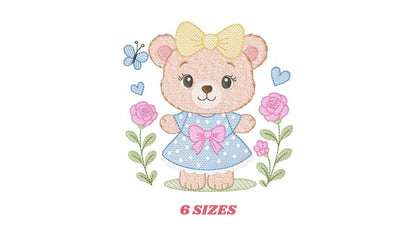 Teddy Bear with flowers embroidery designs - Baby Girl Bear with dress and lace machine embroidery pattern - Instant download pes jef dst