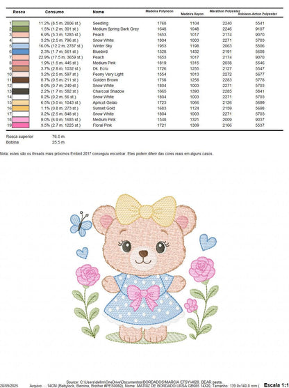 Teddy Bear with flowers embroidery designs - Baby Girl Bear with dress and lace machine embroidery pattern - Instant download pes jef dst