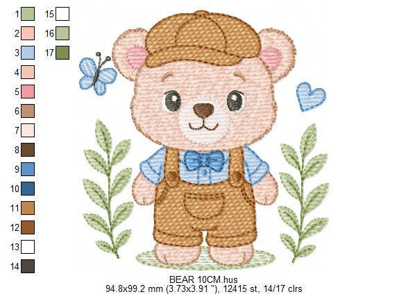 Teddy Bear embroidery designs - Male bear with clothes and cap machine embroidery pattern - Baby boy children toy - Instant download pes jef
