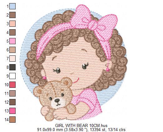 Baby girl Princess embroidery designs - Ballerina with teddy bear machine embroidery pattern - Girl with pink bow lace - Instant download