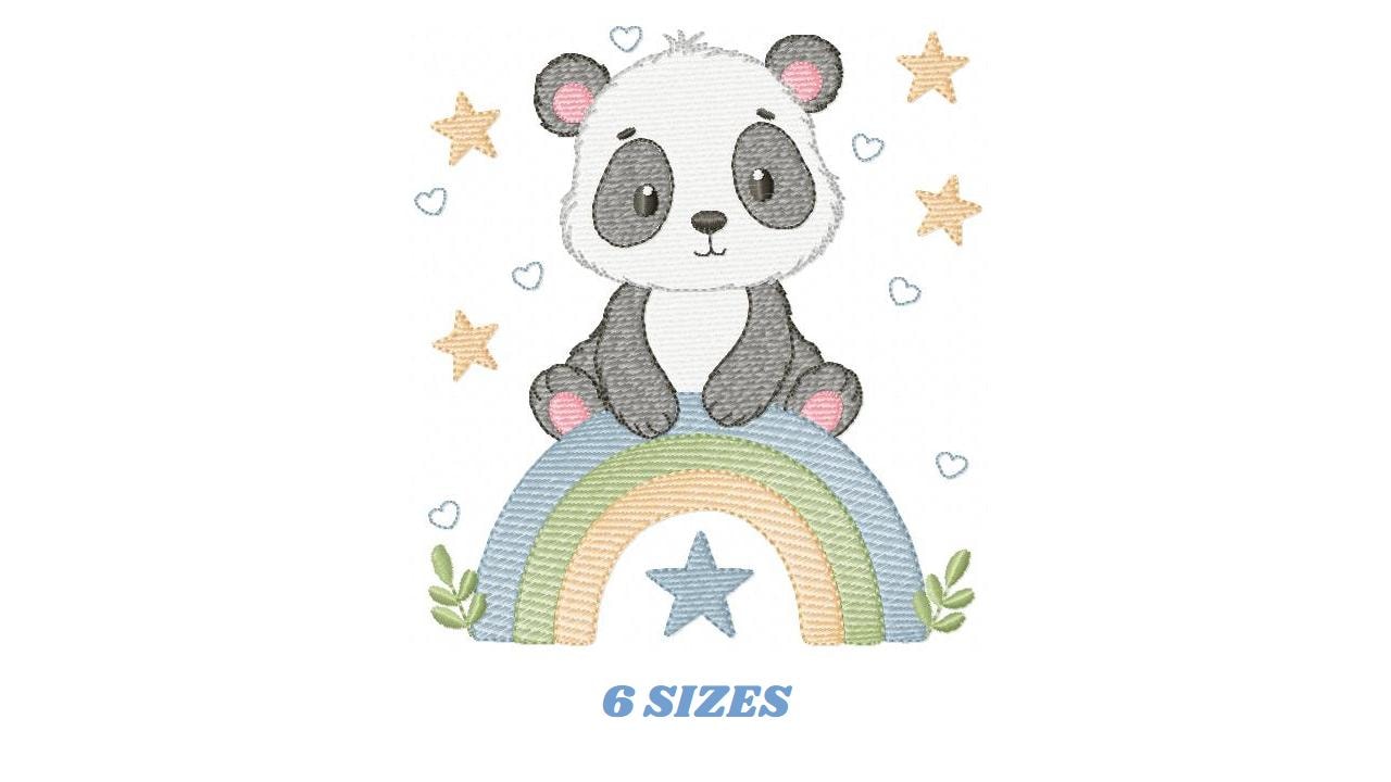 Panda embroidery design - Animal with rainbow and flowers machine embroidery pattern - Baby boy file - Instant digital download pes jef dst