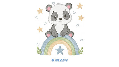 Panda embroidery design - Animal with rainbow and flowers machine embroidery pattern - Baby boy file - Instant digital download pes jef dst