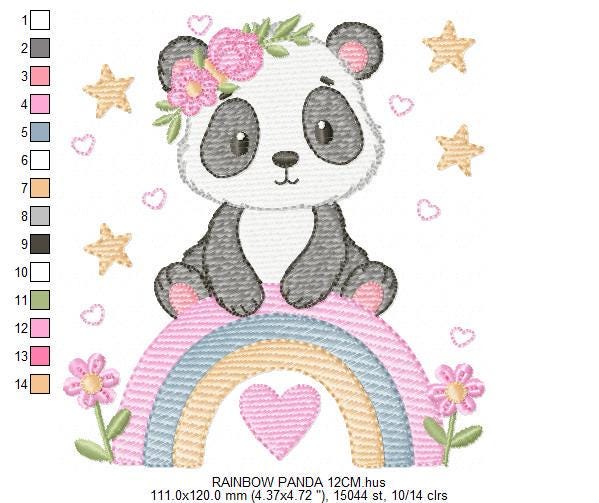 Panda embroidery design - Panda bear with rainbow and flowers machine embroidery pattern - Baby girl file - Instant digital download pes jef