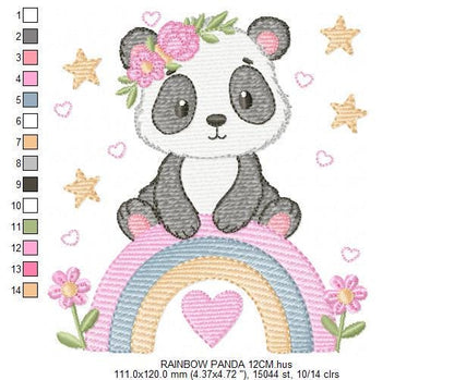 Panda embroidery design - Panda bear with rainbow and flowers machine embroidery pattern - Baby girl file - Instant digital download pes jef