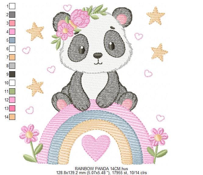Panda embroidery design - Panda bear with rainbow and flowers machine embroidery pattern - Baby girl file - Instant digital download pes jef