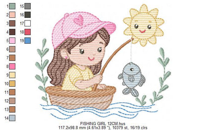 Baby girl fishing embroidery design - Fisherman girl machine embroidery pattern - Children toddler playing sun grass file - Instant download