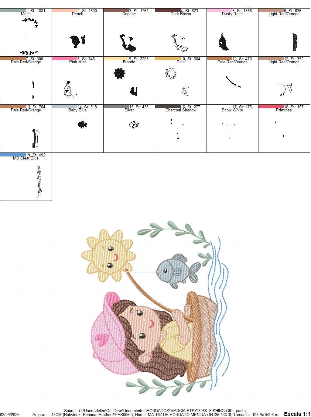 Baby girl fishing embroidery design - Fisherman girl machine embroidery pattern - Children toddler playing sun grass file - Instant download