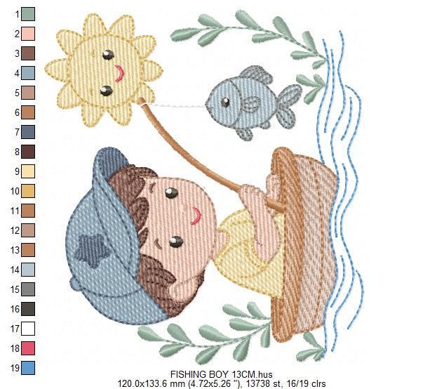 Baby boy fishing embroidery design - Fisherman boy machine embroidery pattern - Children toddler playing sun grass file - Instant download