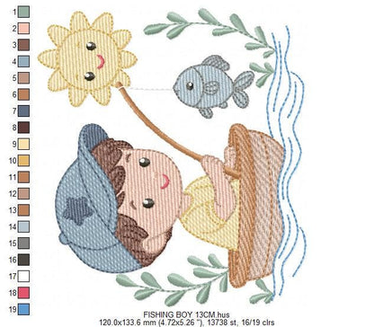 Baby boy fishing embroidery design - Fisherman boy machine embroidery pattern - Children toddler playing sun grass file - Instant download