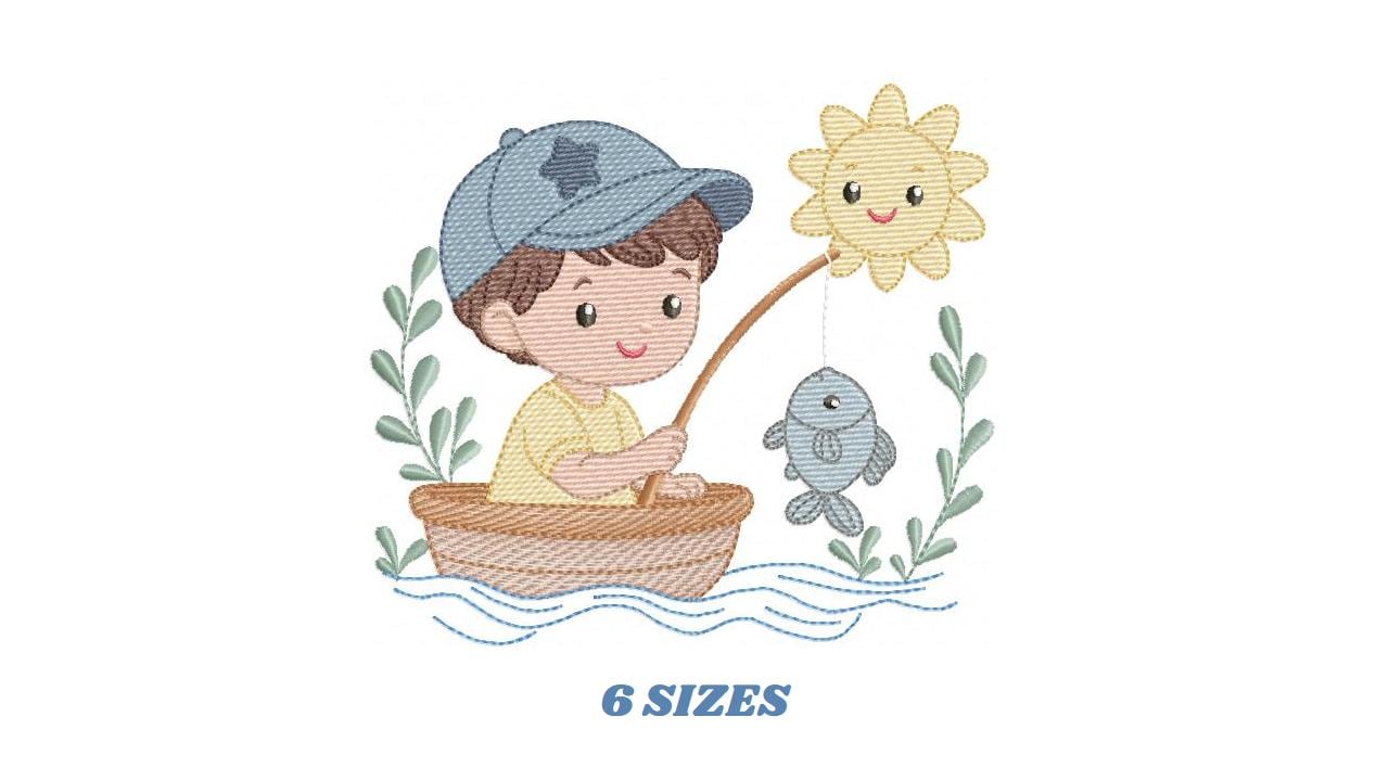 Baby boy fishing embroidery design - Fisherman boy machine embroidery pattern - Children toddler playing sun grass file - Instant download