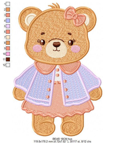 Female Bear embroidery designs - Baby girl teddy bear machine embroidery pattern - Bear with lace and dress file - Instant download pes jef