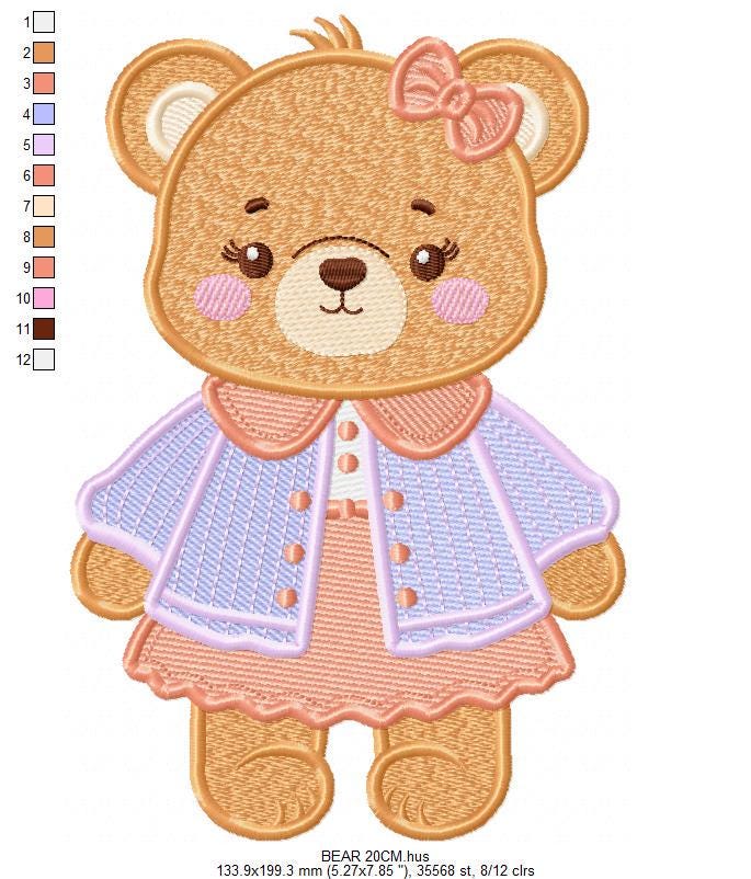 Female Bear embroidery designs - Baby girl teddy bear machine embroidery pattern - Bear with lace and dress file - Instant download pes jef