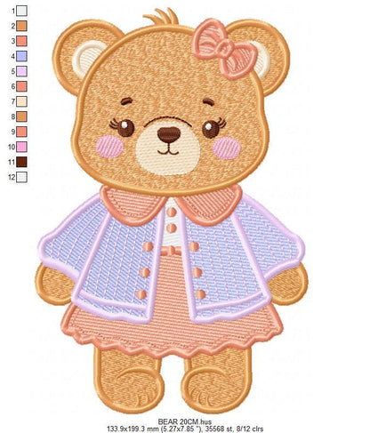 Female Bear embroidery designs - Baby girl teddy bear machine embroidery pattern - Bear with lace and dress file - Instant download pes jef