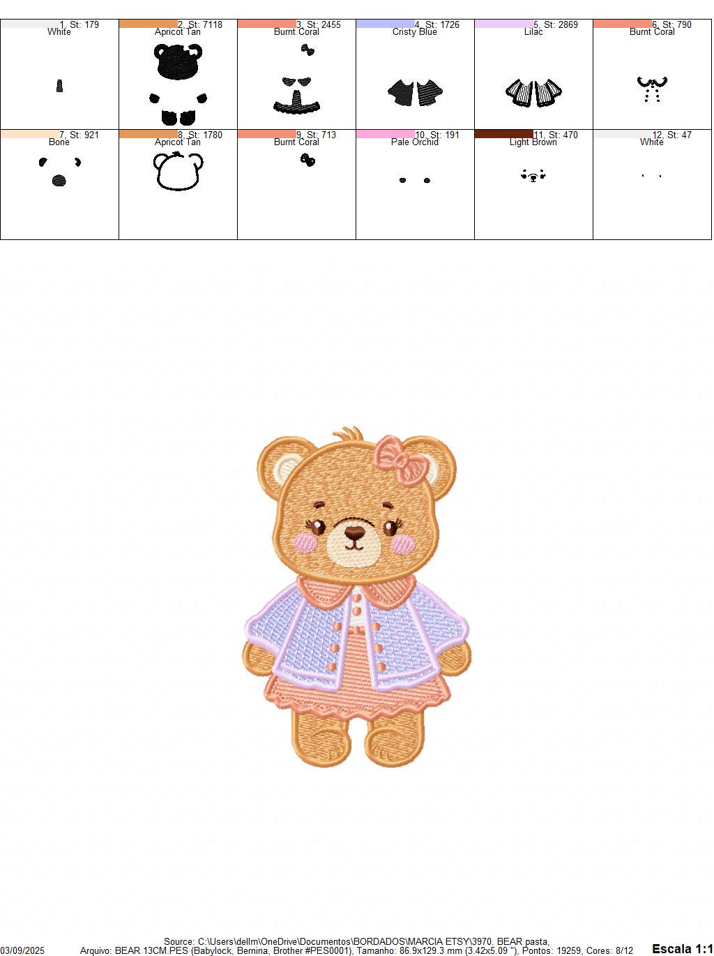 Female Bear embroidery designs - Baby girl teddy bear machine embroidery pattern - Bear with lace and dress file - Instant download pes jef