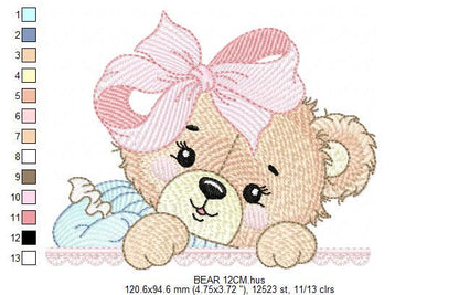 Peek a boo Bear embroidery designs - Baby Girl Teddy Bear machine embroidery pattern - Bear with lace and dress - Instant download pes jef
