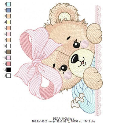 Peek a boo Bear embroidery designs - Baby Girl Teddy Bear machine embroidery pattern - Bear with lace and dress - Instant download pes jef