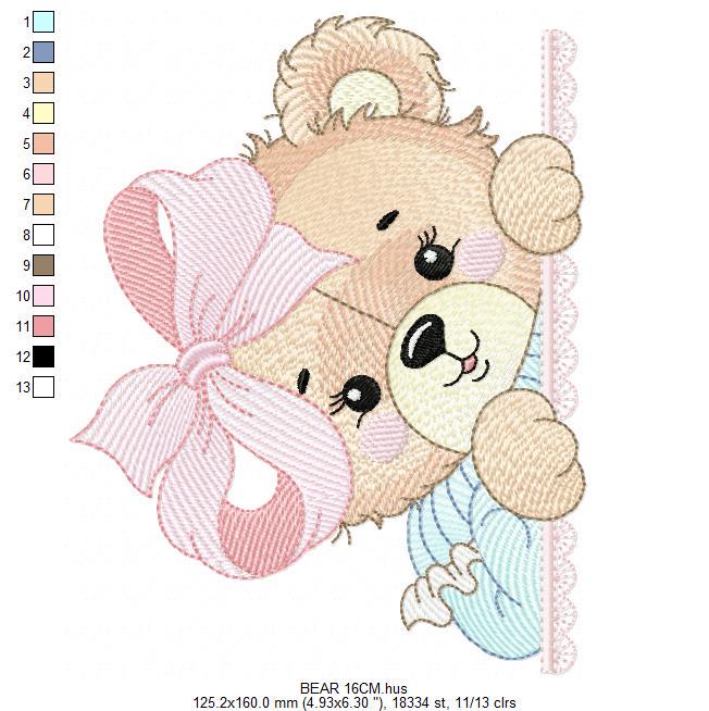 Peek a boo Bear embroidery designs - Baby Girl Teddy Bear machine embroidery pattern - Bear with lace and dress - Instant download pes jef