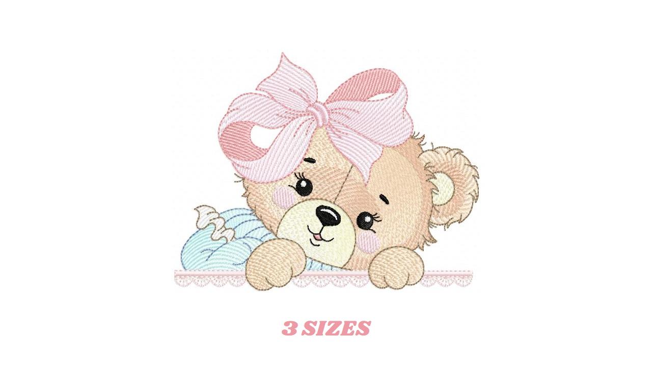 Peek a boo Bear embroidery designs - Baby Girl Teddy Bear machine embroidery pattern - Bear with lace and dress - Instant download pes jef