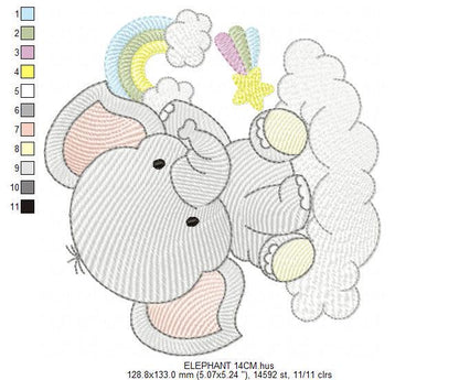 Elephant in a cloud embroidery designs - Safari Wild Animal machine embroidery pattern - Baby Girl Rainbow file - Instant download pes jef