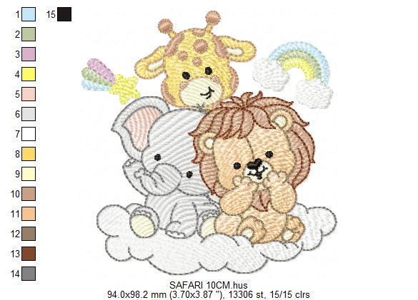 Safari wild animals embroidery designs - Elephant Lion Giraffe machine embroidery pattern - Rainbow Cloud stars - Instant download pes jef