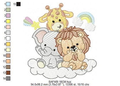 Safari wild animals embroidery designs - Elephant Lion Giraffe machine embroidery pattern - Rainbow Cloud stars - Instant download pes jef