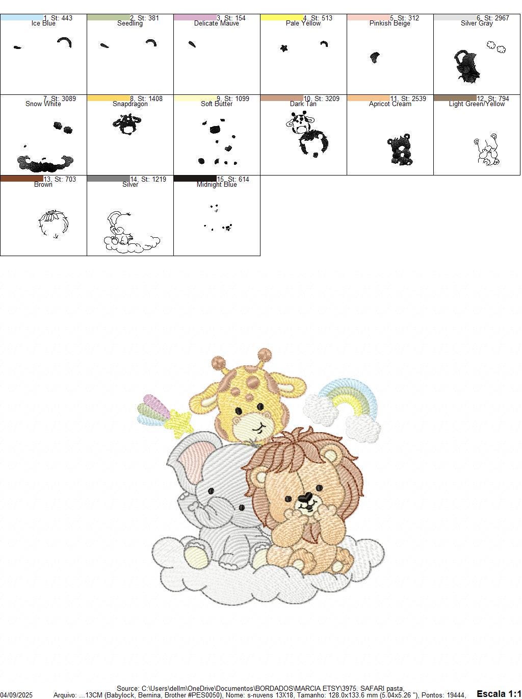 Safari wild animals embroidery designs - Elephant Lion Giraffe machine embroidery pattern - Rainbow Cloud stars - Instant download pes jef