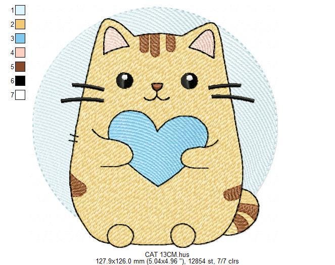 Male Cat with heart embroidery design - Kitty machine embroidery pattern - Boy Pet with hearts - Instant digital download pes jef dst hus
