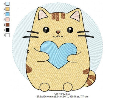 Male Cat with heart embroidery design - Kitty machine embroidery pattern - Boy Pet with hearts - Instant digital download pes jef dst hus