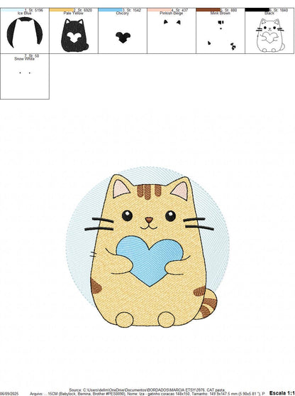 Male Cat with heart embroidery design - Kitty machine embroidery pattern - Boy Pet with hearts - Instant digital download pes jef dst hus