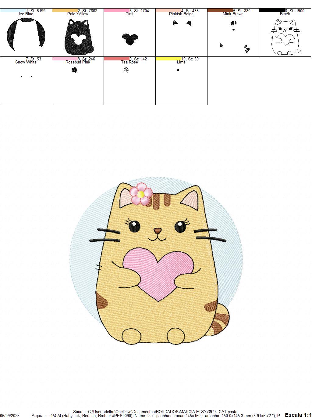 Female Cat with heart embroidery design - Female Kitty with flowers machine embroidery pattern - Baby girl file - Instant digital download