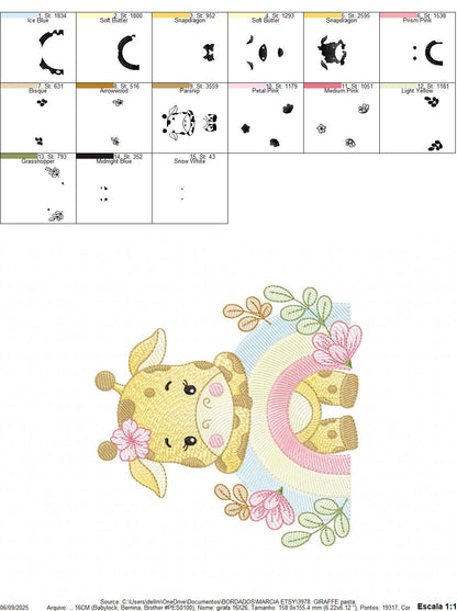 Giraffe with rainbow embroidery design - Female Wild Animal machine embroidery pattern - Baby girl file - Instant download pes jef dst hus