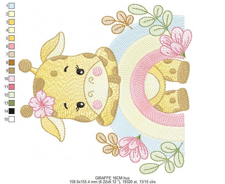 Giraffe with rainbow embroidery design - Female Wild Animal machine embroidery pattern - Baby girl file - Instant download pes jef dst hus