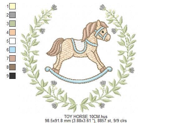 Toy Horse embroidery design - Baby boy rocking horse laurel frame machine embroidery pattern - Instant digital download pes jef hus dst vp3